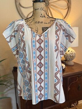 LOFT Ivory Aztec-Stripe V-Neck Blouse with Blue & Brown Motif
